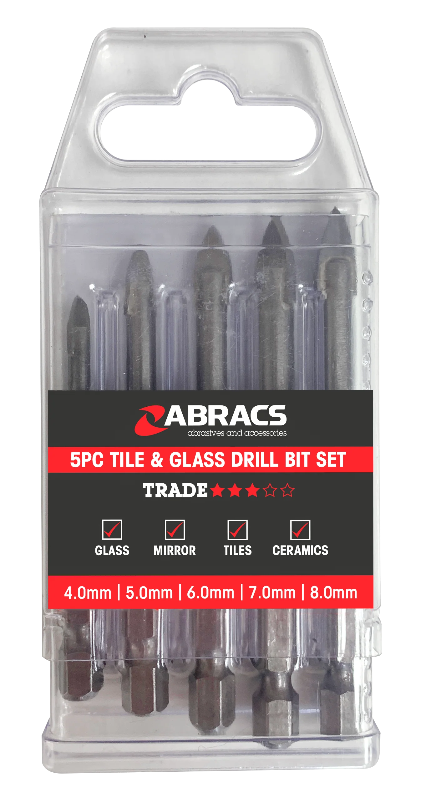 ABRACS SPEAR HEAD GLASS & TILE DRILL BIT 5pc SET