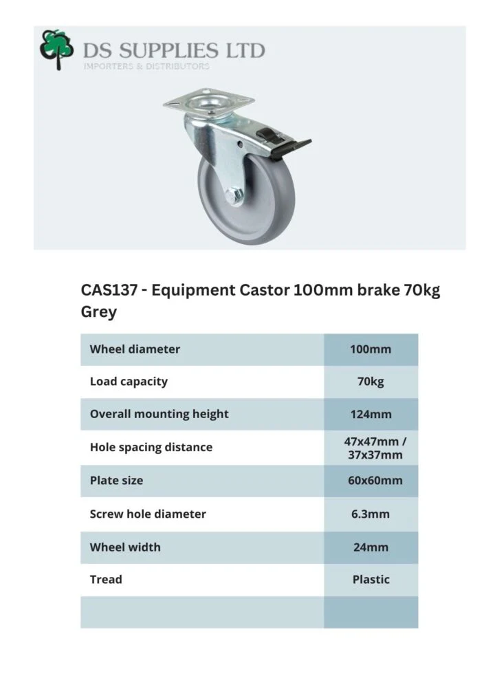 Equipment Castor 100mm Swivel, Fixed, Brake 70kg Grey - Image 6