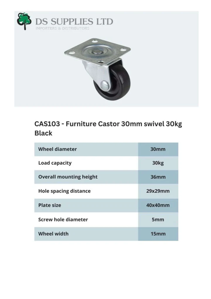 Furniture Castor 30mm swivel 30kg Black - Image 2