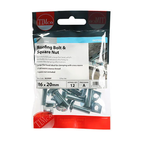 M6X20 Roofing Bolt&Sq Nut Pk12