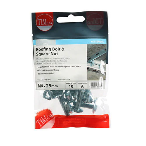 M6X25 Roofing Bolt&Sq Nut Pk10