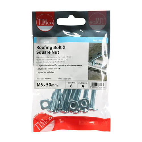 M6X50 Roofing Bolt& Sq Nut Pk8
