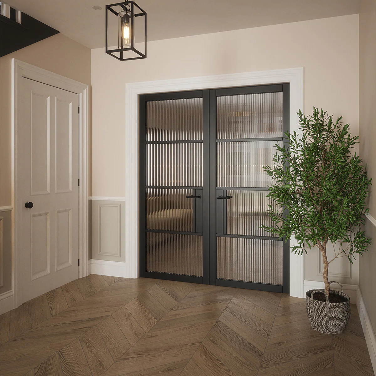 PORTLAND 4 LITE REEDED GLAZED BLACK PRIMED DOOR - Image 3
