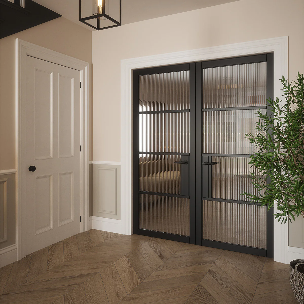 PORTLAND 4 LITE REEDED GLAZED BLACK PRIMED DOOR - Image 6