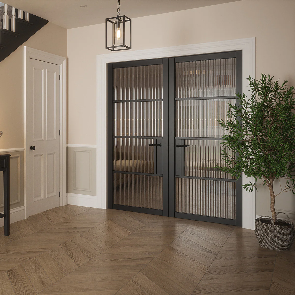 PORTLAND 4 LITE REEDED GLAZED BLACK PRIMED DOOR - Image 7