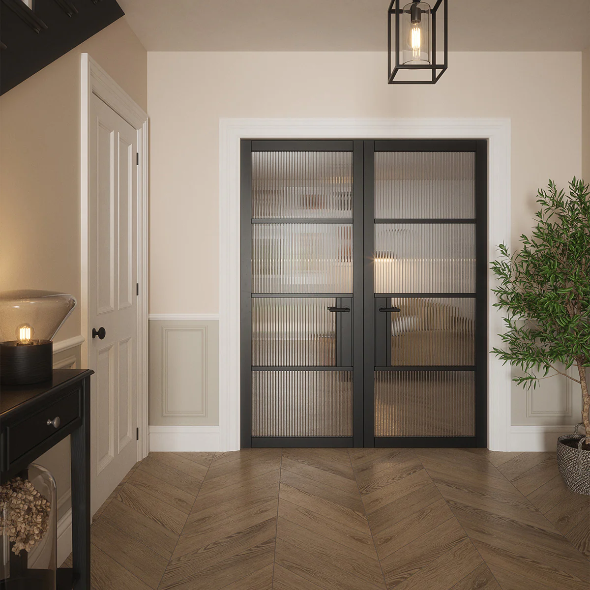 PORTLAND 4 LITE REEDED GLAZED BLACK PRIMED DOOR - Image 8