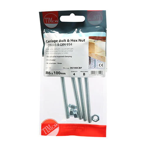 Timco M6 X 100 Carriage Bolt & Hex Nut Pk6