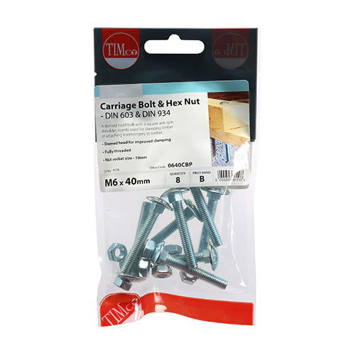 Timco M6 X 40 Carriage Bolt & Hex Nut Pk8