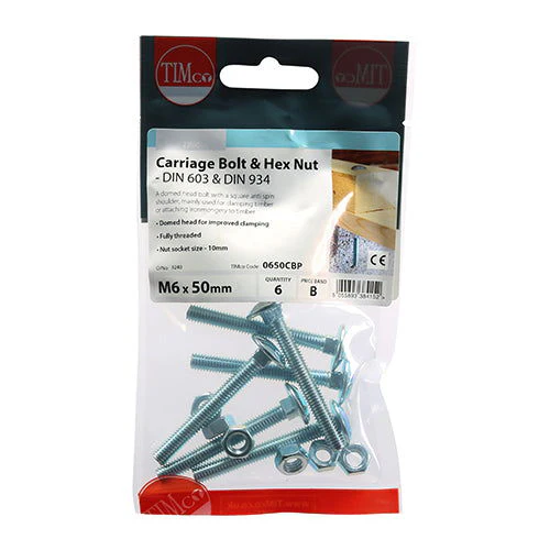 Timco M6 X 50 Carriage Bolt & Hex Nut Pk6