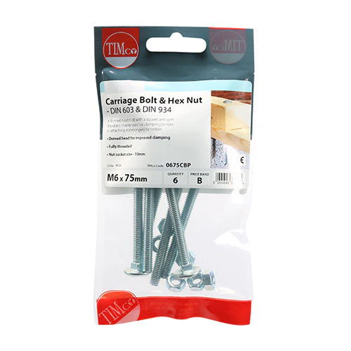 Timco M6 X 75 Carriage Bolt & Hex Nut Pk6