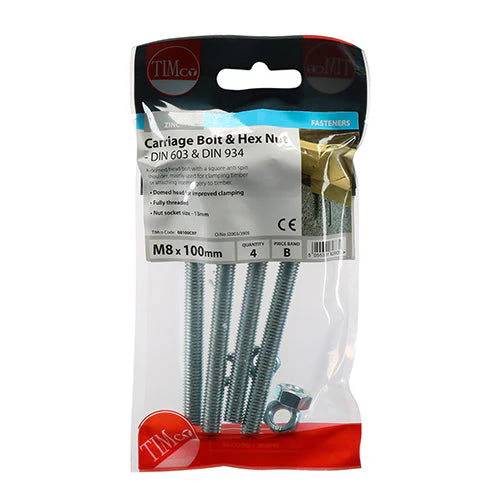 Timco M8 X 100 Carriage Bolt & Hex Nut Pk4