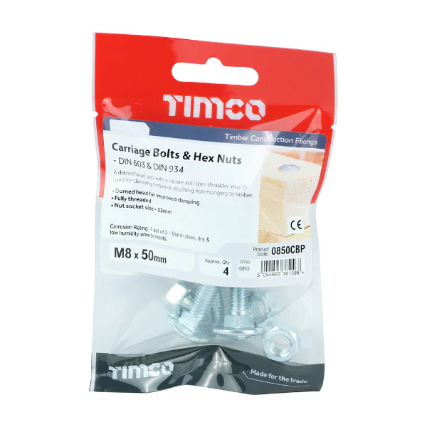 Timco M8 X 50 Carriage Bolt & Hex Nut Pk4