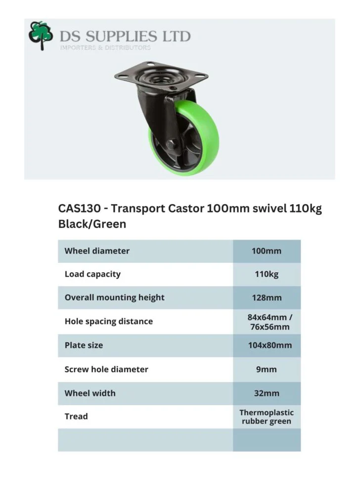 Transport Castor 100mm Swivel, Fixed, Brake 110kg Black / Green - Image 4