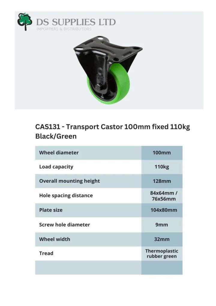 Transport Castor 100mm Swivel, Fixed, Brake 110kg Black / Green - Image 5