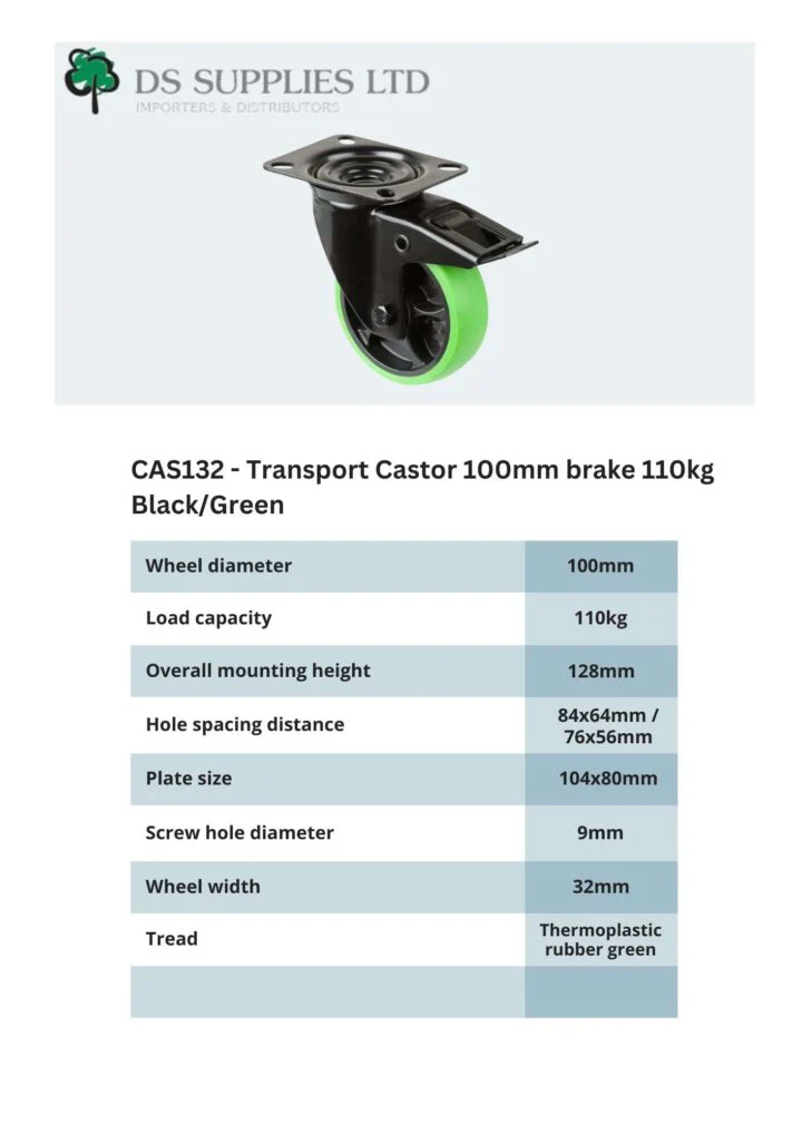 Transport Castor 100mm Swivel, Fixed, Brake 110kg Black / Green - Image 6