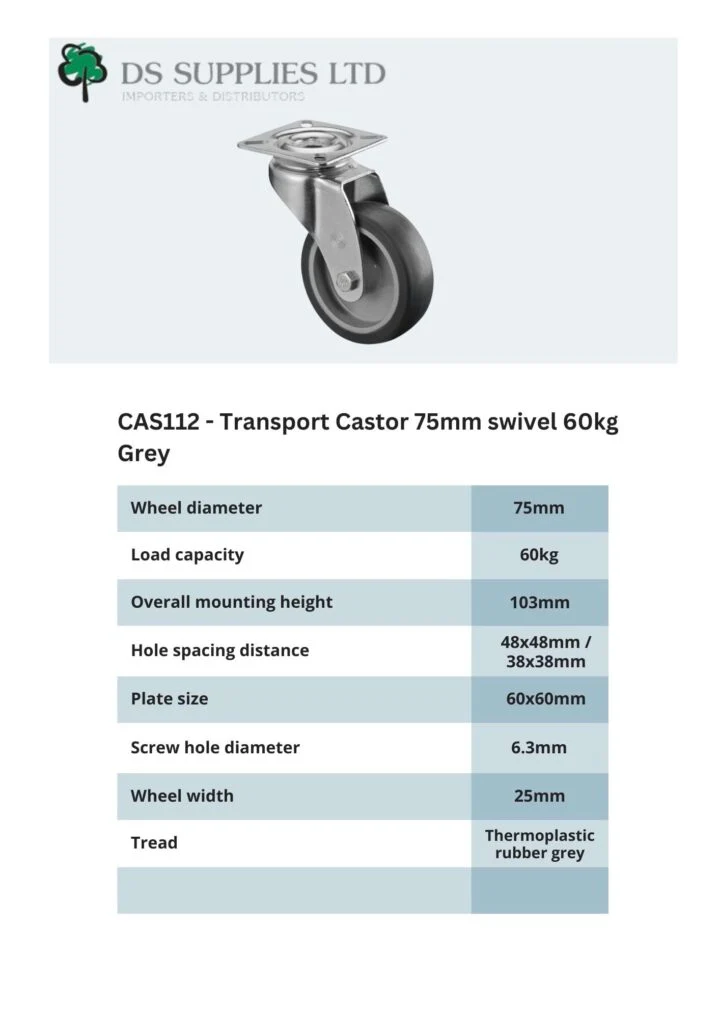 Transport Castor 75mm Swivel, Fixed, Brake  60kg Grey ( 3 VARIANTS ) - Image 4