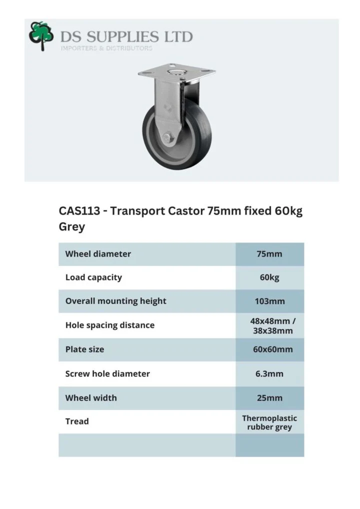 Transport Castor 75mm Swivel, Fixed, Brake  60kg Grey ( 3 VARIANTS ) - Image 5