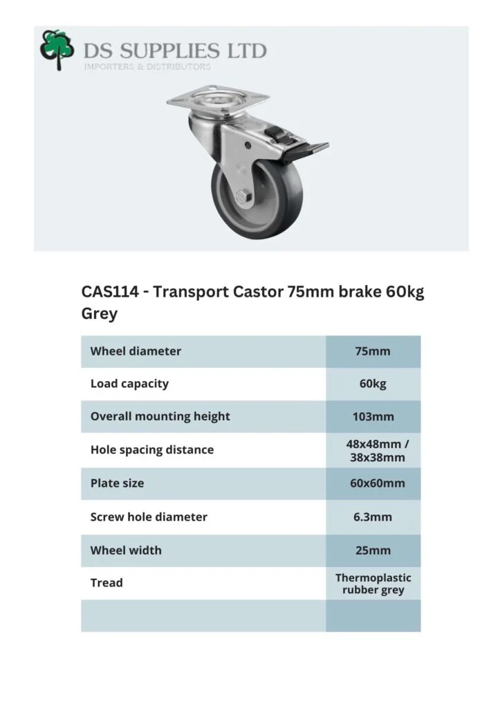 Transport Castor 75mm Swivel, Fixed, Brake  60kg Grey ( 3 VARIANTS ) - Image 6