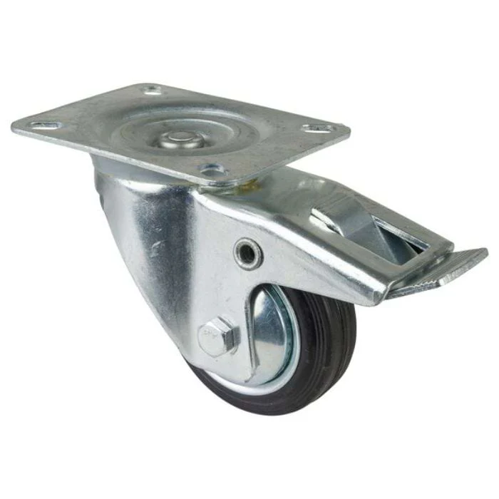 Transport Castor 80mm swivel, fixed, brake 50kg Rubber Black - Image 3