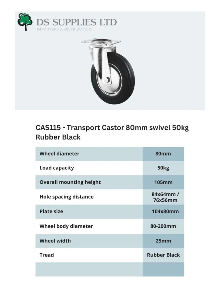 Transport Castor 80mm swivel, fixed, brake 50kg Rubber Black - Image 4
