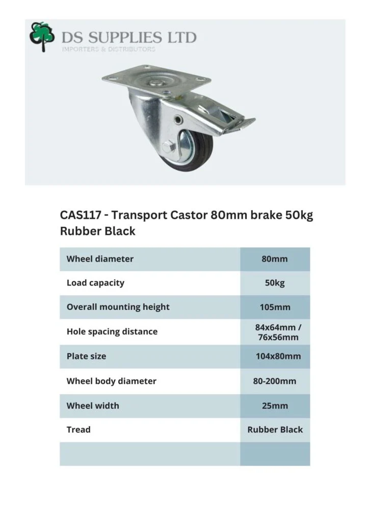 Transport Castor 80mm swivel, fixed, brake 50kg Rubber Black - Image 6